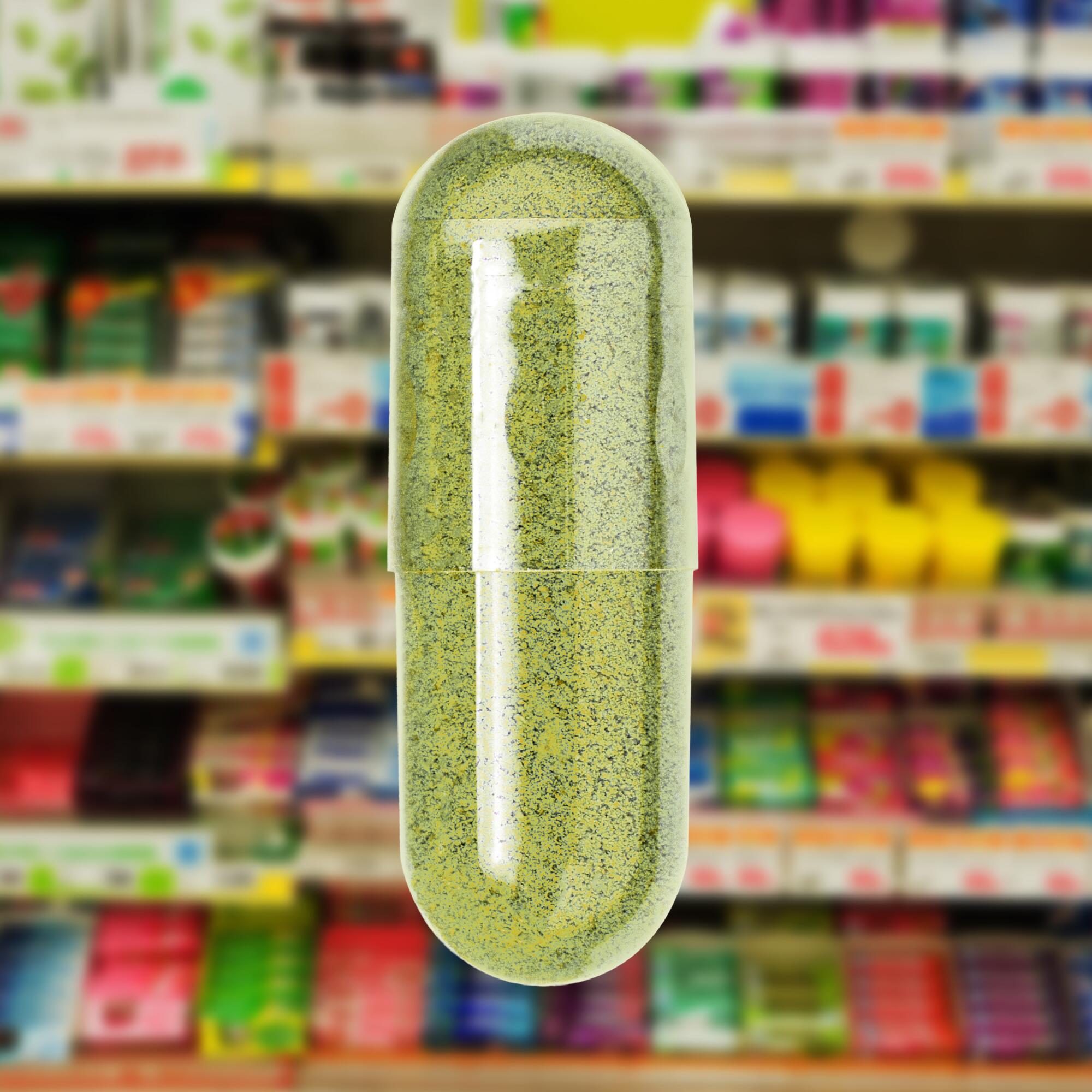 photo illustration of a kratom tablet over a blurred photo of store shelves