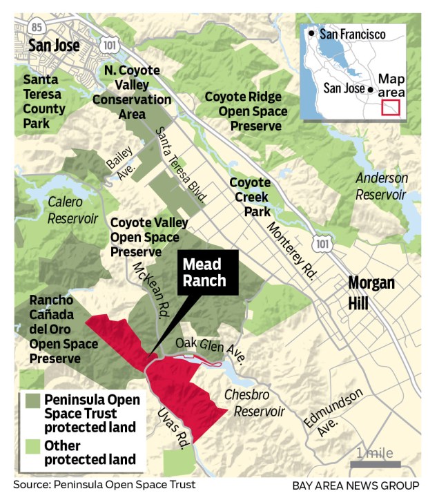 The Peninsula Open Space Trust, a non-profit environmental group based in Palo Alto, has purchased Mead Ranch, a 1,921-acre parcel between San Jose and Morgan Hill. This is a map showing the location of the purchase.