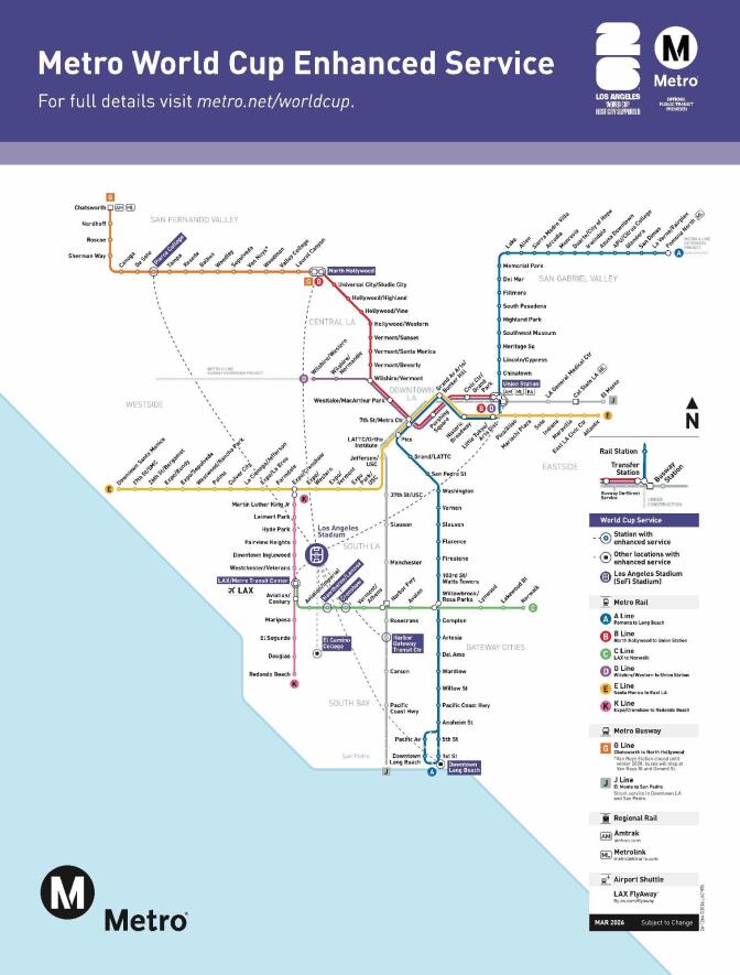 A graphic map shows several multi-colored lines with stations labeled across the Los Angeles region. 