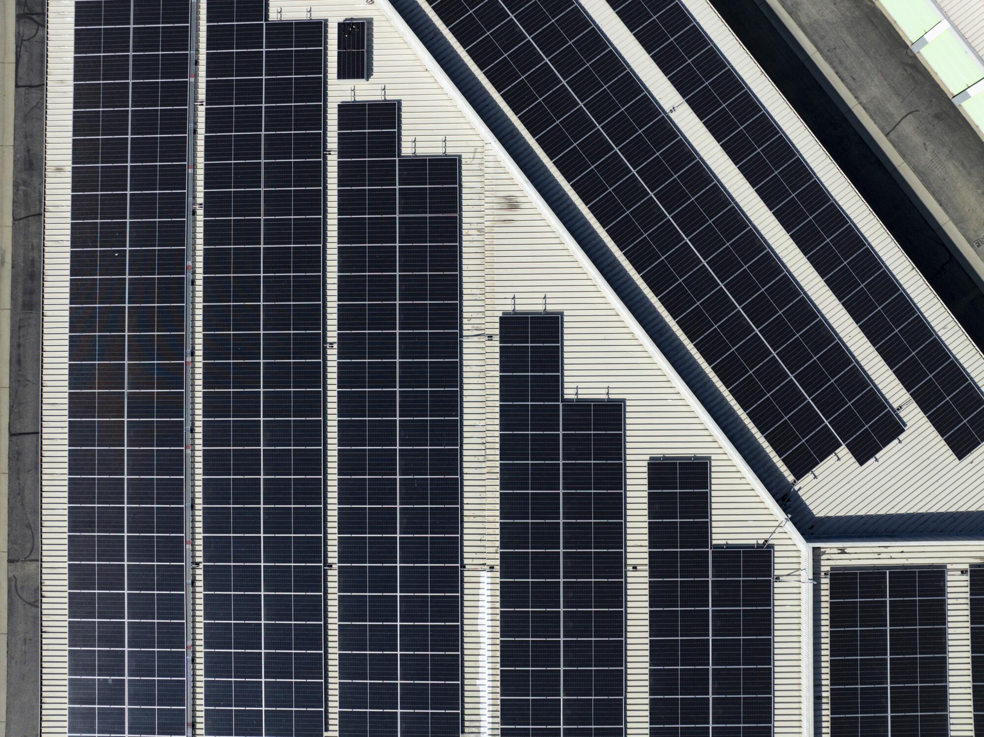 Aerial view of solar panels installed on top of Extra Space Storage in Pico Rivera