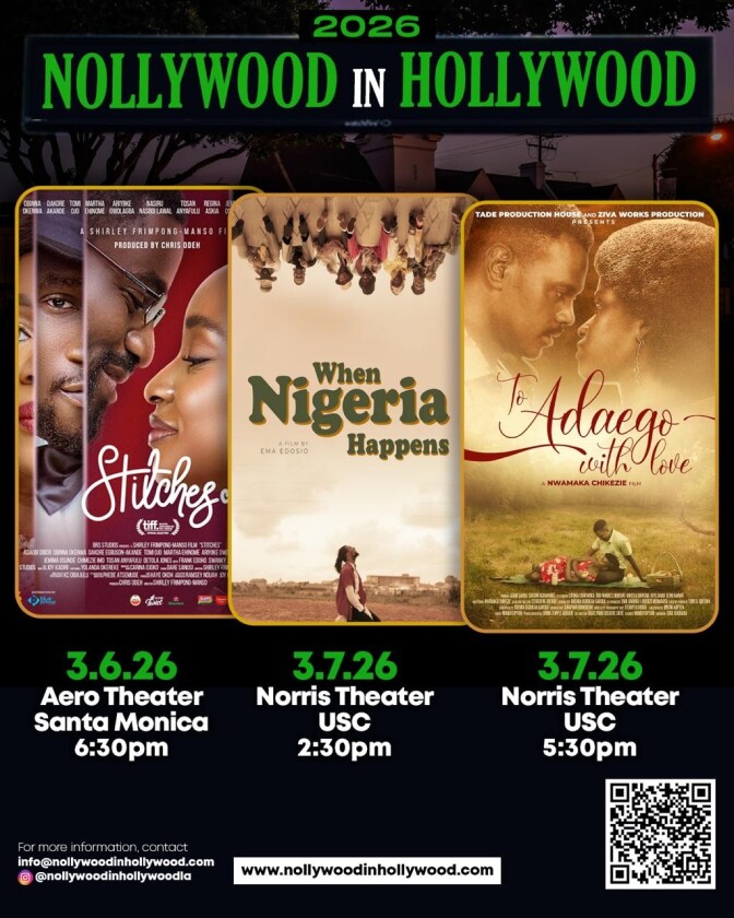A poster for three Nigerian films, with three images and dates stacked next to each other. 