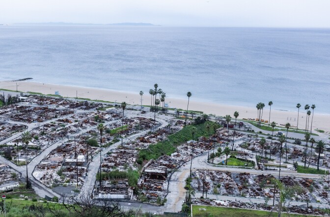 Aerial view of devastated coastal neighborhood with charred remains of buildings and palm trees standing amidst rubble.