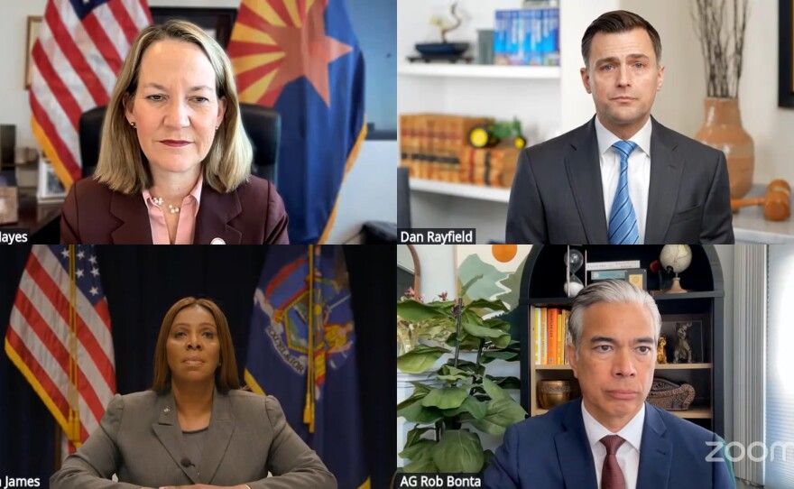 Attorneys General Kris Mayes, Dan Rayfield, Letitia James and Rob Bonta are shown on a zoom news conference on March 5, 2026.