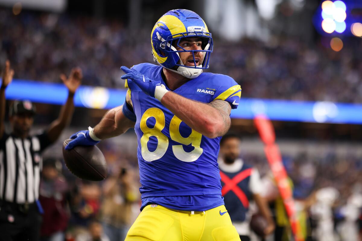 Los Angeles Rams tight end Tyler Higbee celebrates after scoring a touchdown.