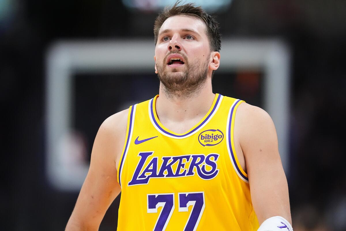 Lakers star Luka Doncic reacts at the end of a 120-113 loss to the Denver Nuggets on Thursday night.