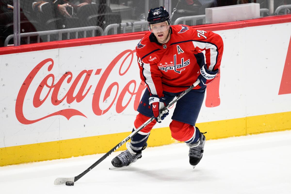 Washington Capitals defenseman John Carlson controls the puck during a game against the Ducks in January.