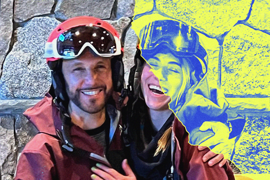 A smiling man and woman in ski gear hug in front of a stone wall, with the right half of the image showing a blue and yellow stylized filter.