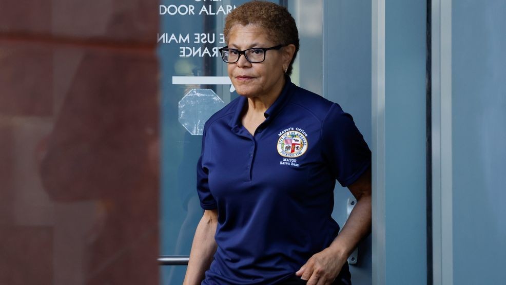 FILE - Los Angeles Mayor Karen Bass prior to speaking to media in support of journalist Don Lemon outside federal court on Jan. 30, 2026 in Los Angeles. (Photo by Mario Tama/Getty Images)