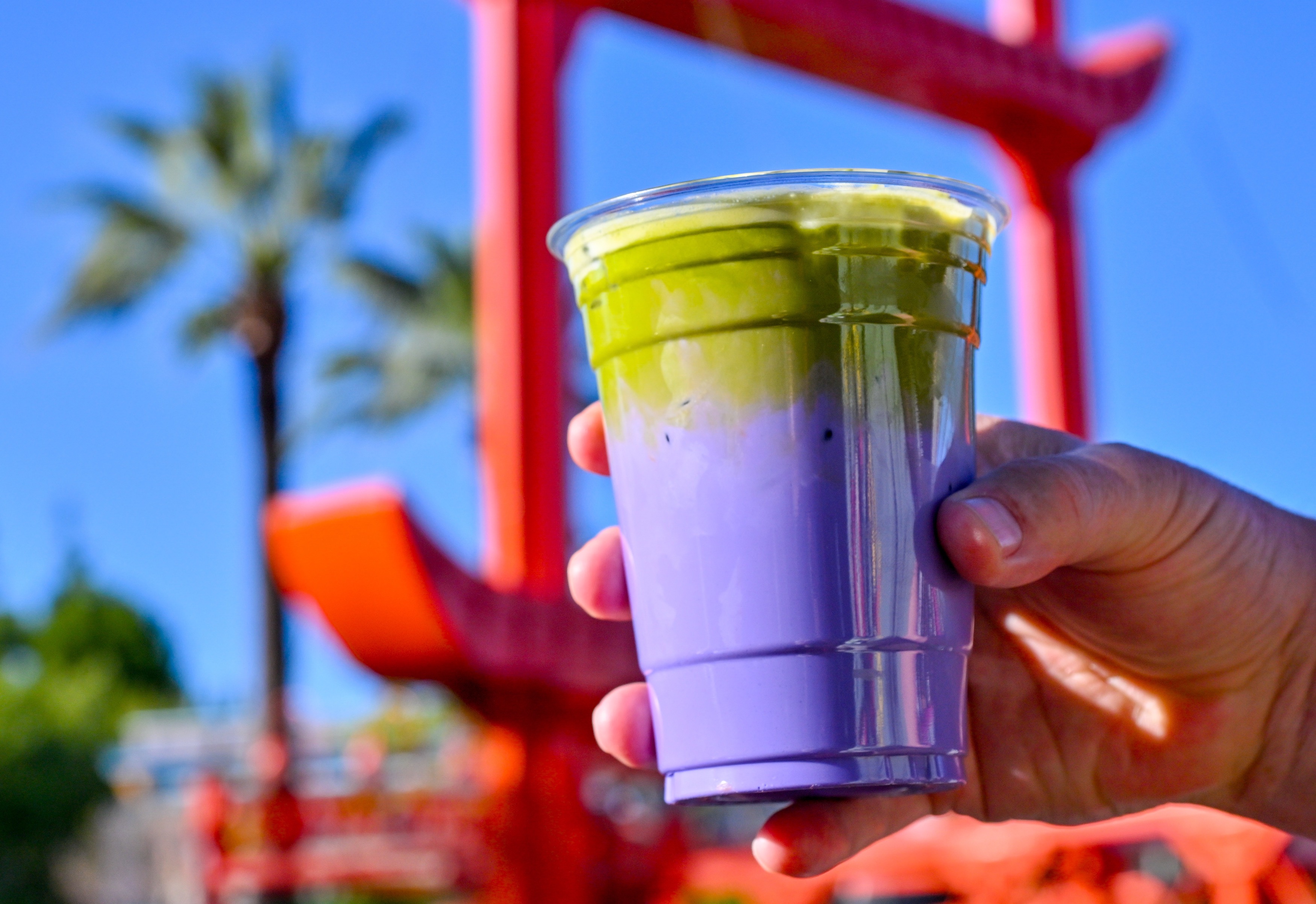 Ube Latte with Matcha Foam; Ube milk with matcha cold...
