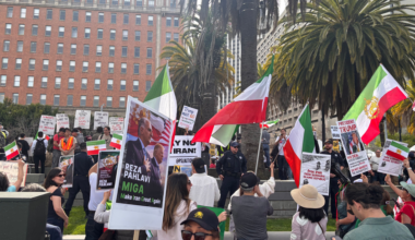 People hold Iranian flags and protest signs advocating against Iran's regime, with palm trees and a large building in the background.
