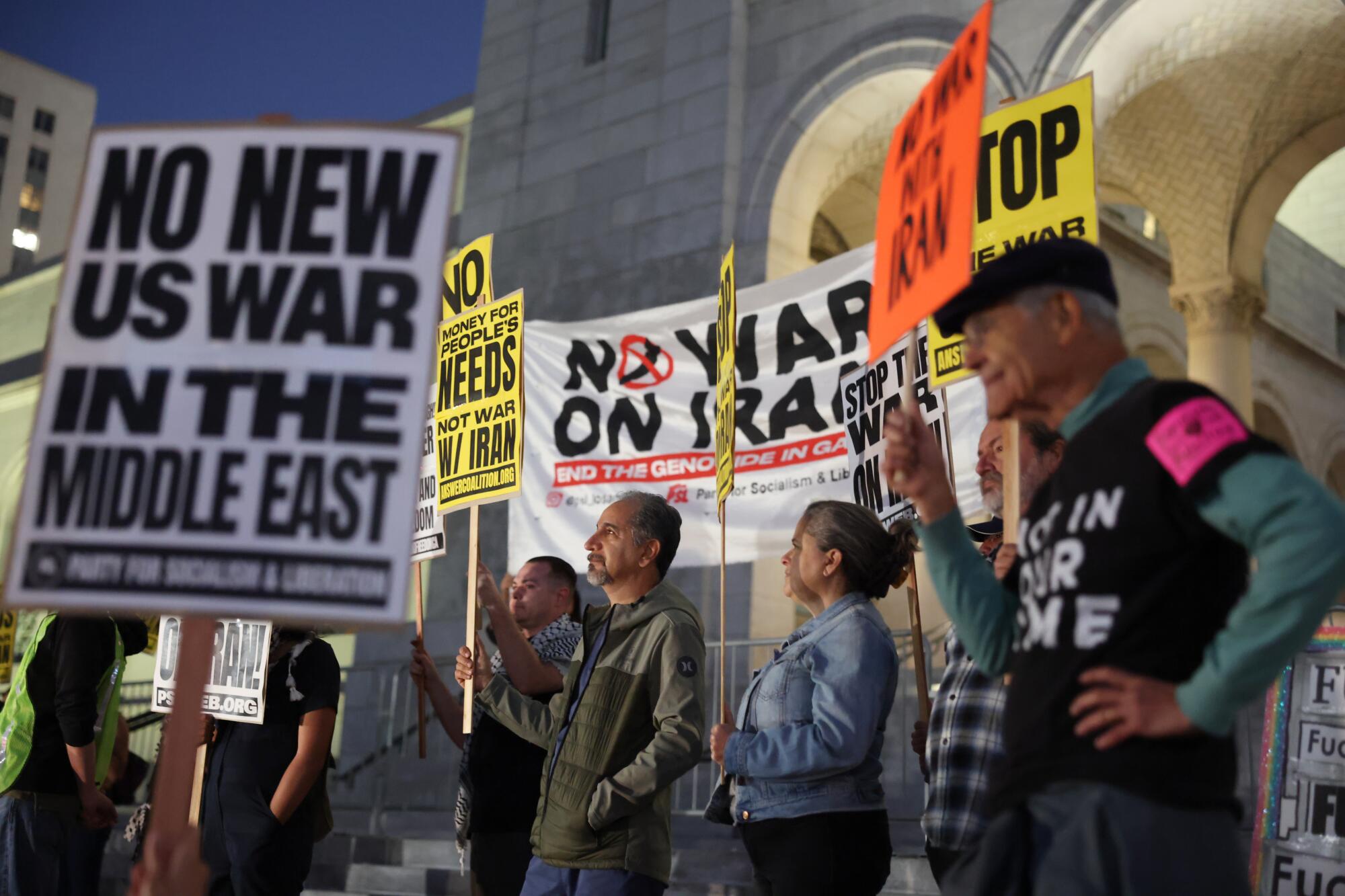 A crowd gathered at Los Angeles City Hall to protest against United States and Israel bombing Iran