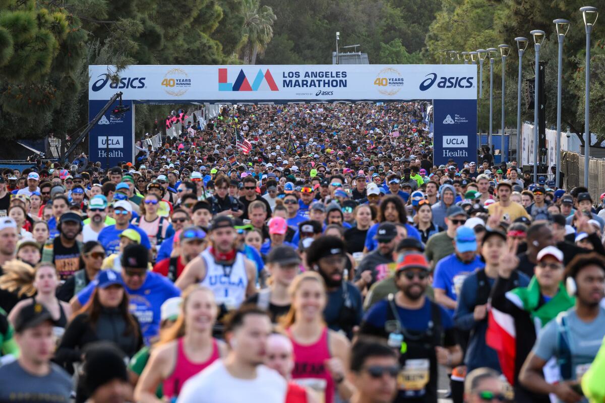 Runners start the 2025 Los Angeles Marathon. 
