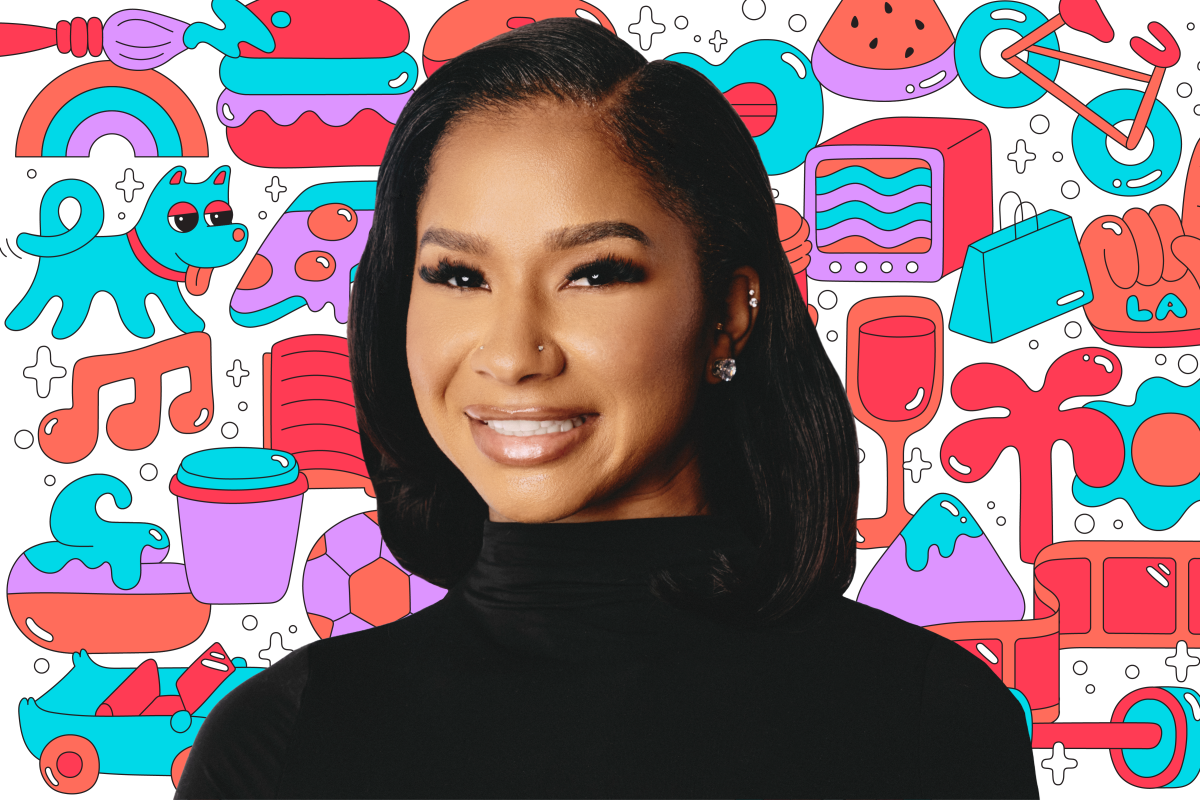 Photo of a person on a background of colorful illustrations including a book, dog, pizza, TV, shopping bag and more