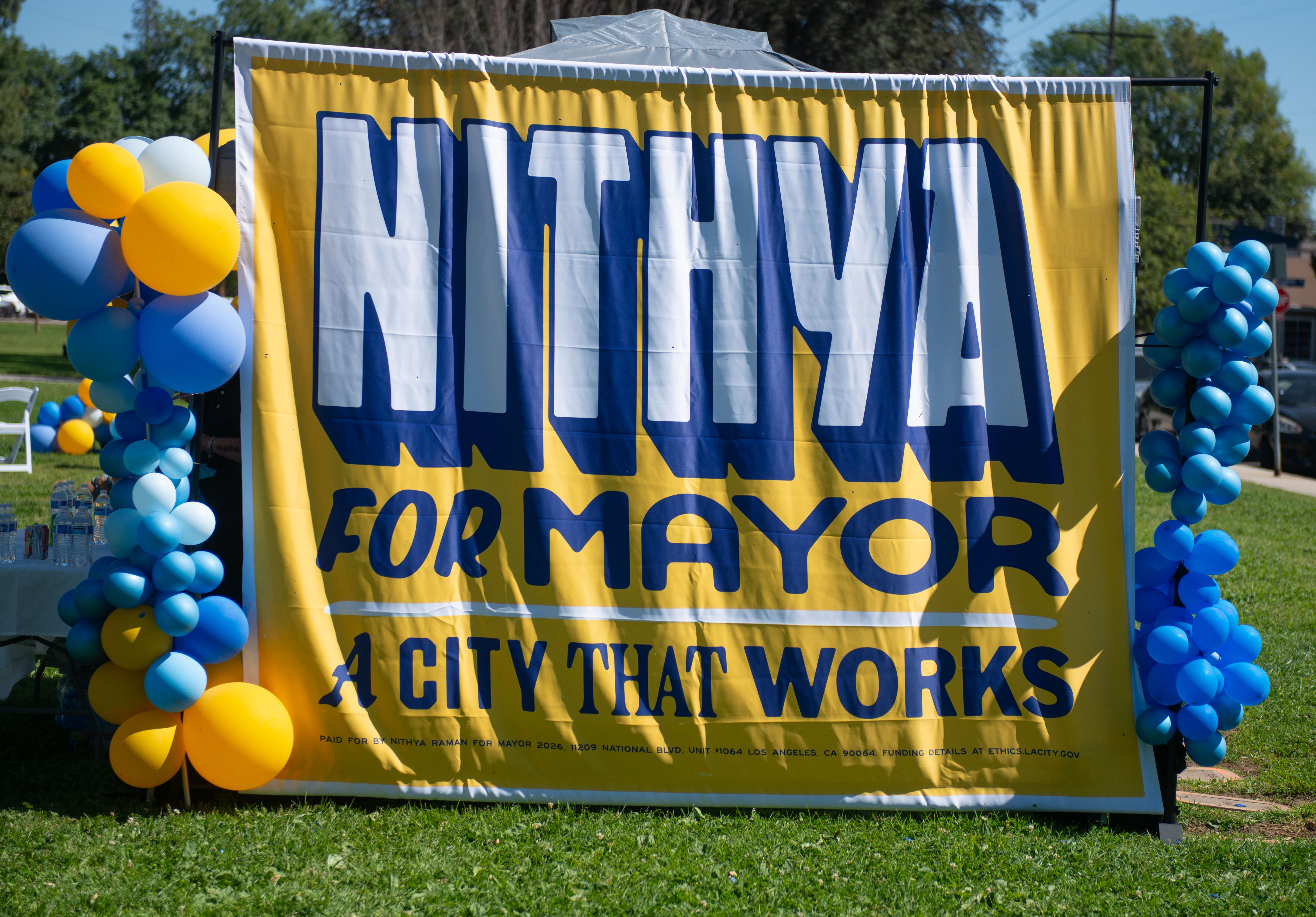 A sign on display at Nithya Ramanâs mayoral campaign launch...