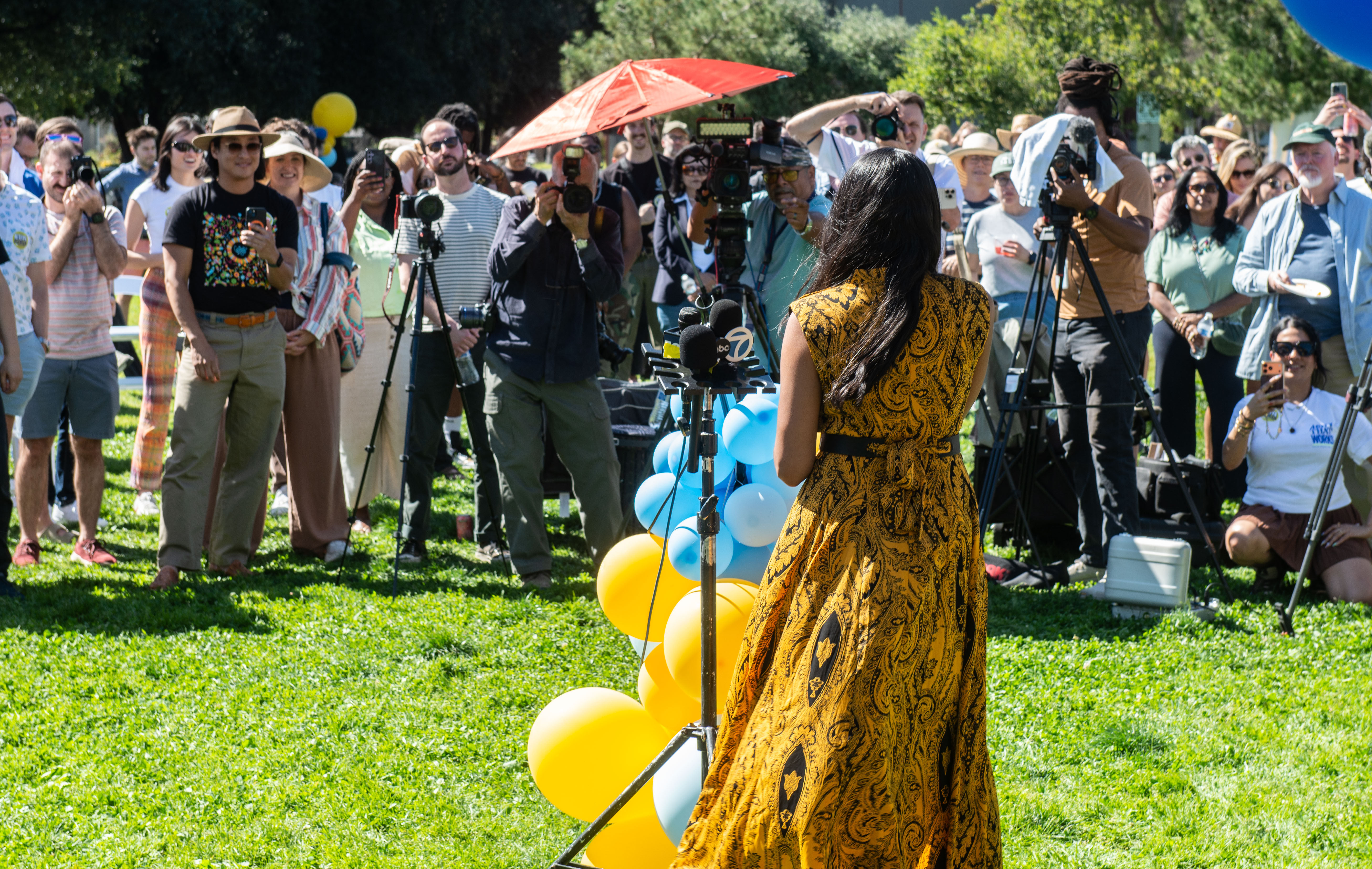 City Councilwoman Nithya Raman speaks to the attendees during her...
