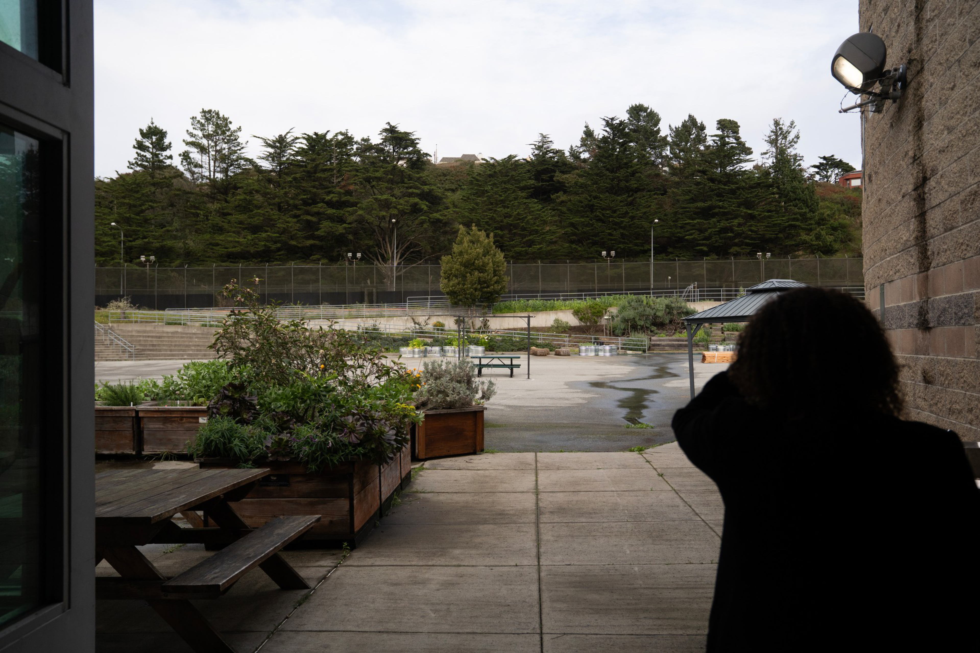 A shadowed figure stands near a wall under a light, facing an open space with garden beds, a picnic table, a small tree, and tall trees in the distance.