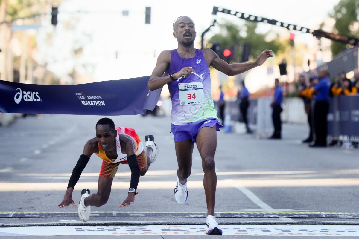 Nathan Martin won the L.A. Marathon on a last-second sprint as Kenya's Michael Kimani Kamau dived and fell short.