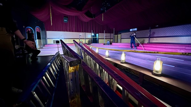 Ladders sit on the stage during a construction tour of the Bird Cage Theatre at Knott's Berry Farm. (Photo by Brady MacDonald, Orange County Register/SCNG)