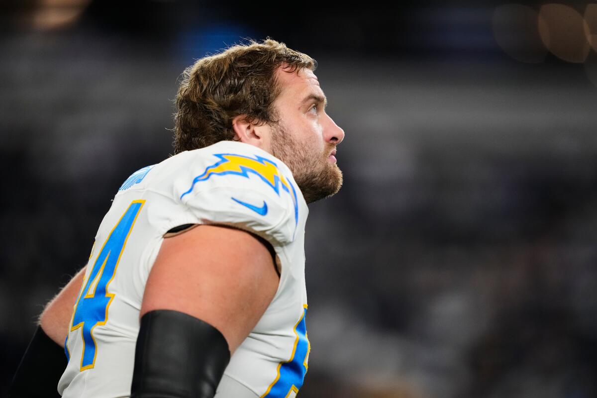 Chargers guard Trevor Penning warms up before a game against the Dallas Cowboys on Dec. 21.
