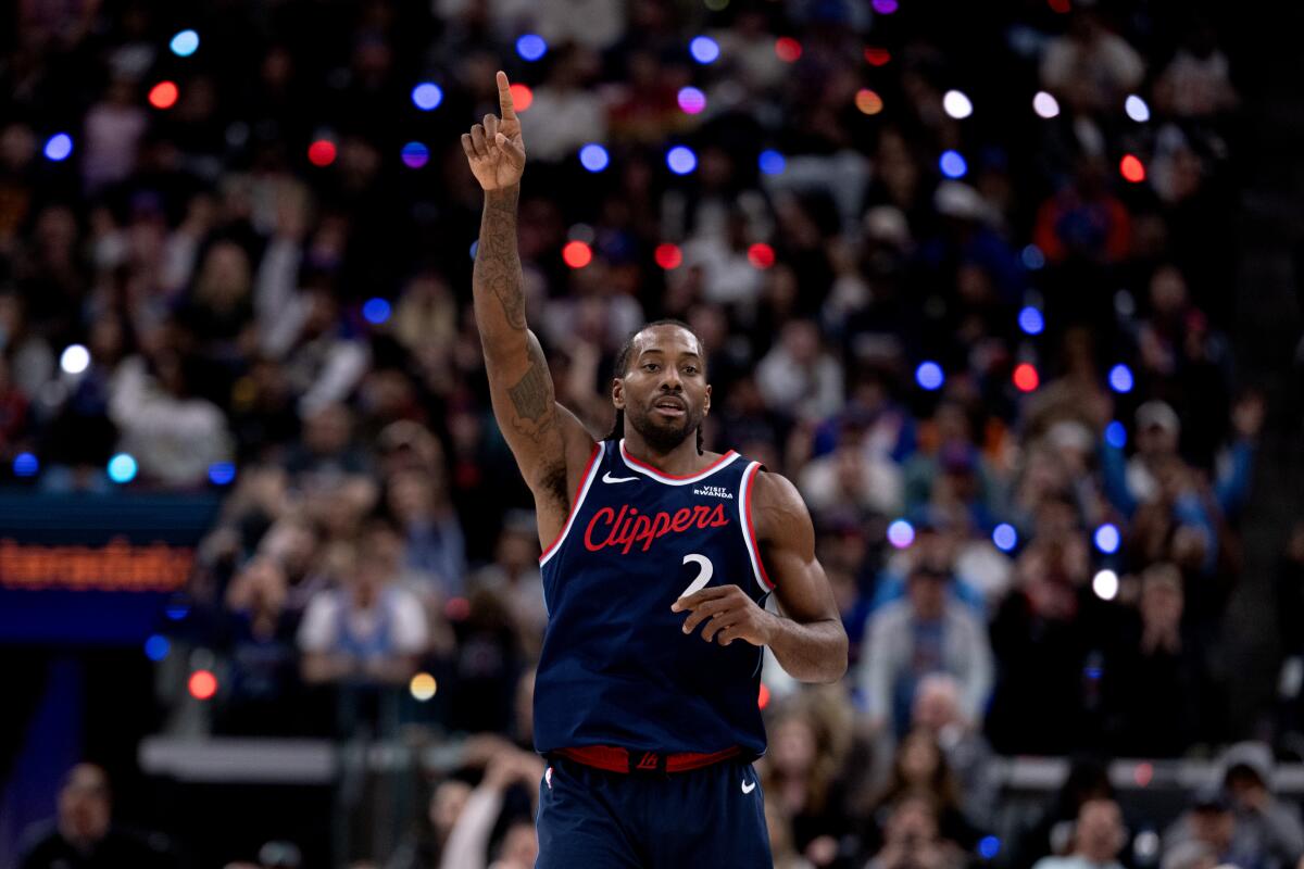 Clippers star Kawhi Leonard celebrates a basket during a win over the Knicks on Monday at Intuit Dome.