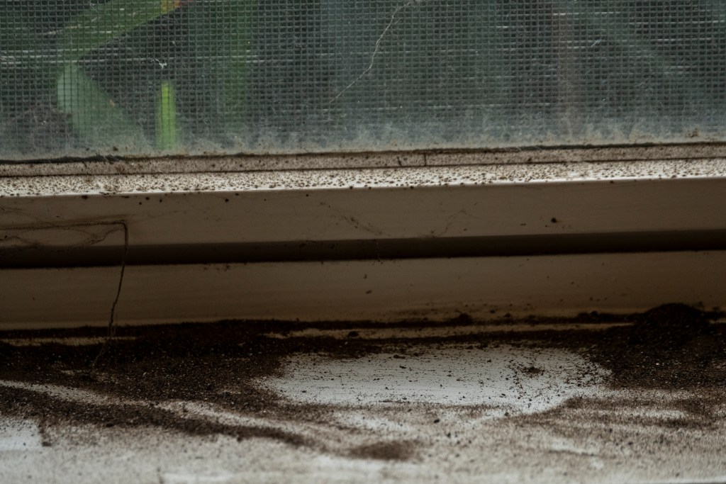 A close-up view of soot debris near the stool of a window.