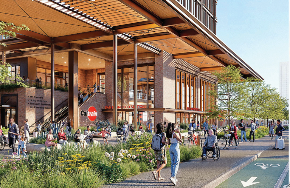 People walk, sit, and bike outside a modern, multi-story Caltrain San Francisco station with large windows and greenery.