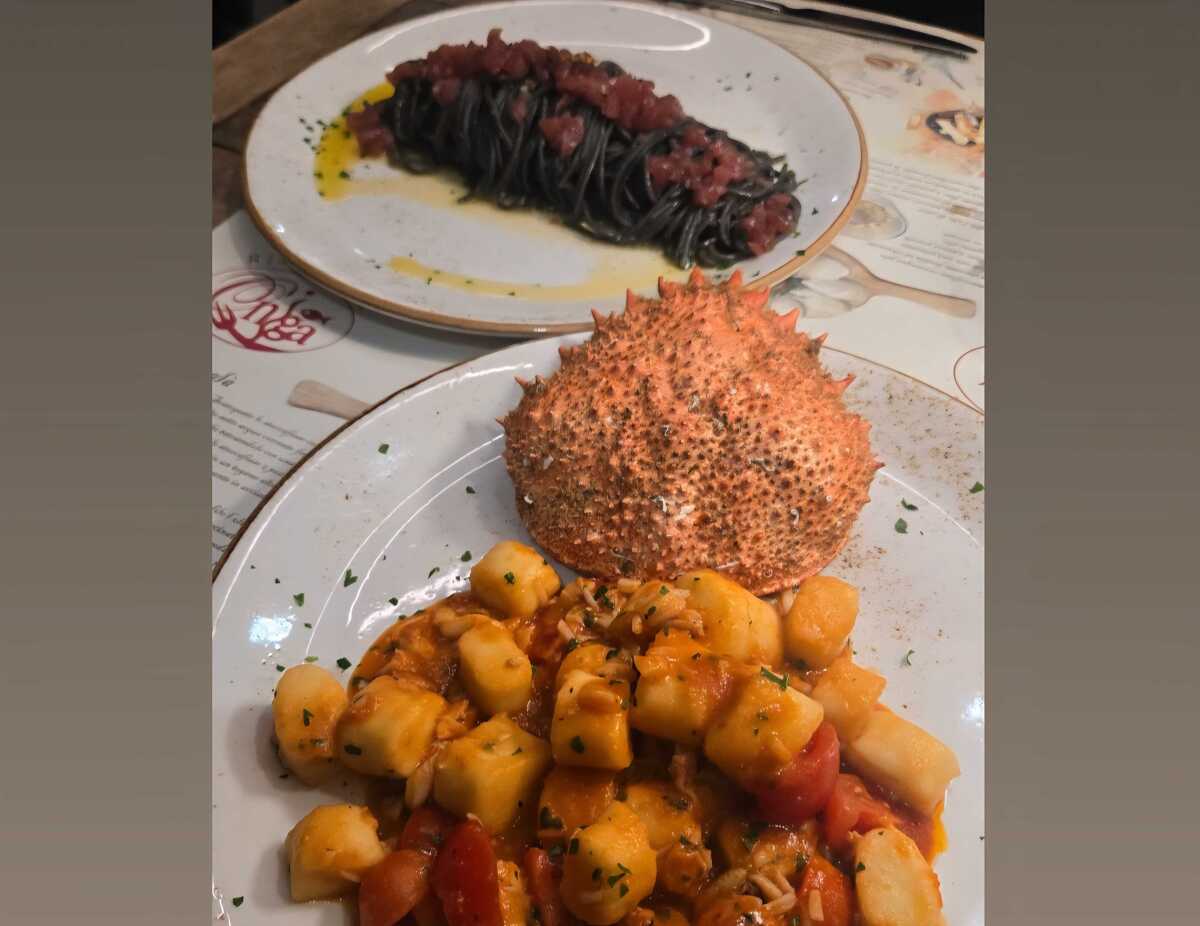 Gnocchi with spider crab and tomato sauce and black spaghetti with tuna tartare in Venice, Italy.