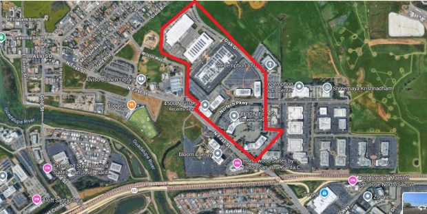 Nine buildings owned by Google in the Alviso district of north San Jose, with addresses on North First Street, Nortech Parkway, and Disk Drive, shown within the outline. Boundaries are approximate.(Google Maps)