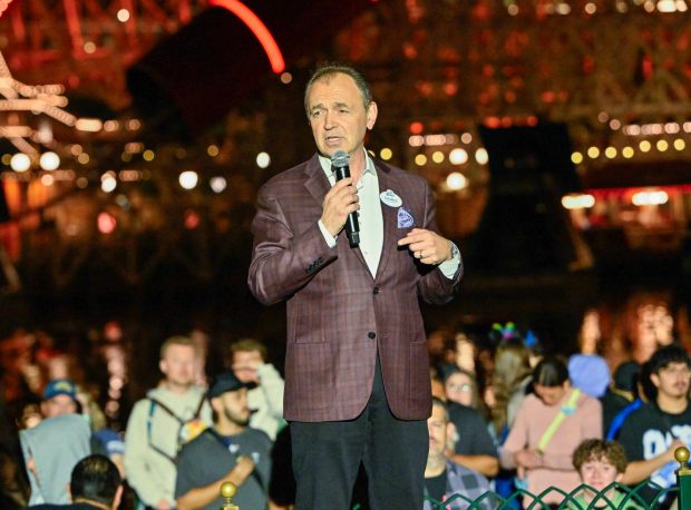 Thomas Mazloum, president of Disneyland Resort, addresses visitors before the start of World of Color Happiness inside California Adventure at the Disneyland Resort in Anaheim, CA, on Tuesday, May 13, 2025.(Photo by Jeff Gritchen/MediaNews Group/Orange County Register via Getty Images)