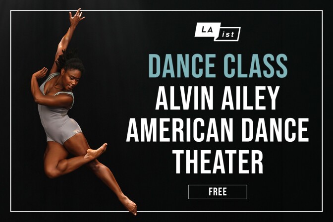 Promotial graphic for a free dance class features a person in a grey leotard performing a dynamic leap against a black background. To the right, text reads "LAist DANCE CLASS ALVIN AILEY AMERICAN DANCE THEATER FREE." The entire image is framed by a thin white border.