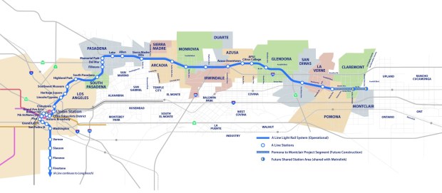 A broad look showing the long, A Line light-rail, including the future station in Claremont, on the eastern edge of Los Angeles County. (image courtesy of the Foothill Gold Line Construction Authority).