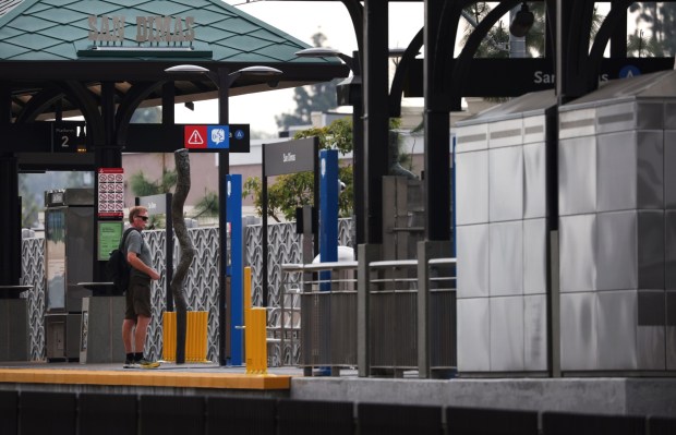 A Metro A Line rider waits to board the light-rail at the San Dimas station in San Dimas on Tuesday, March 10, 2026. (Photo by Trevor Stamp, Contributing Photographer)