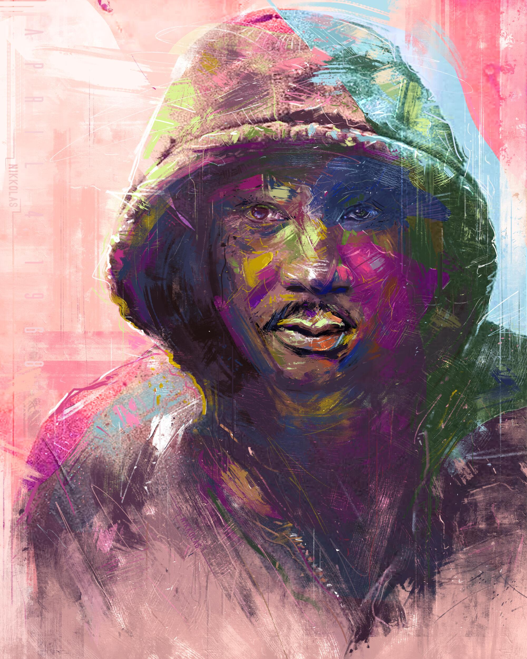 A portrait of Martin Luther King Jr. in a hoodie.