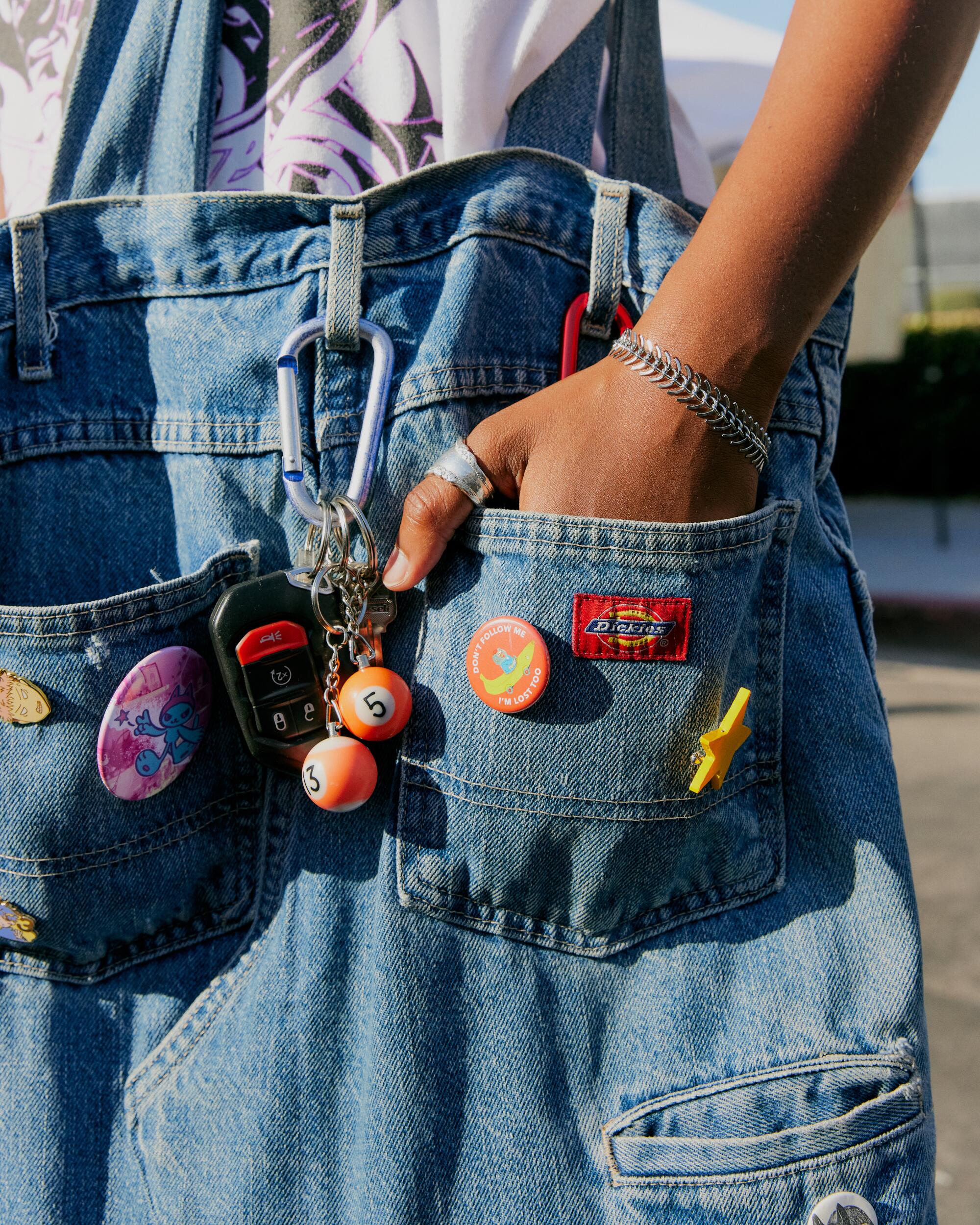 Detail of Paige McGowan's vintage shirt and vintage tote.