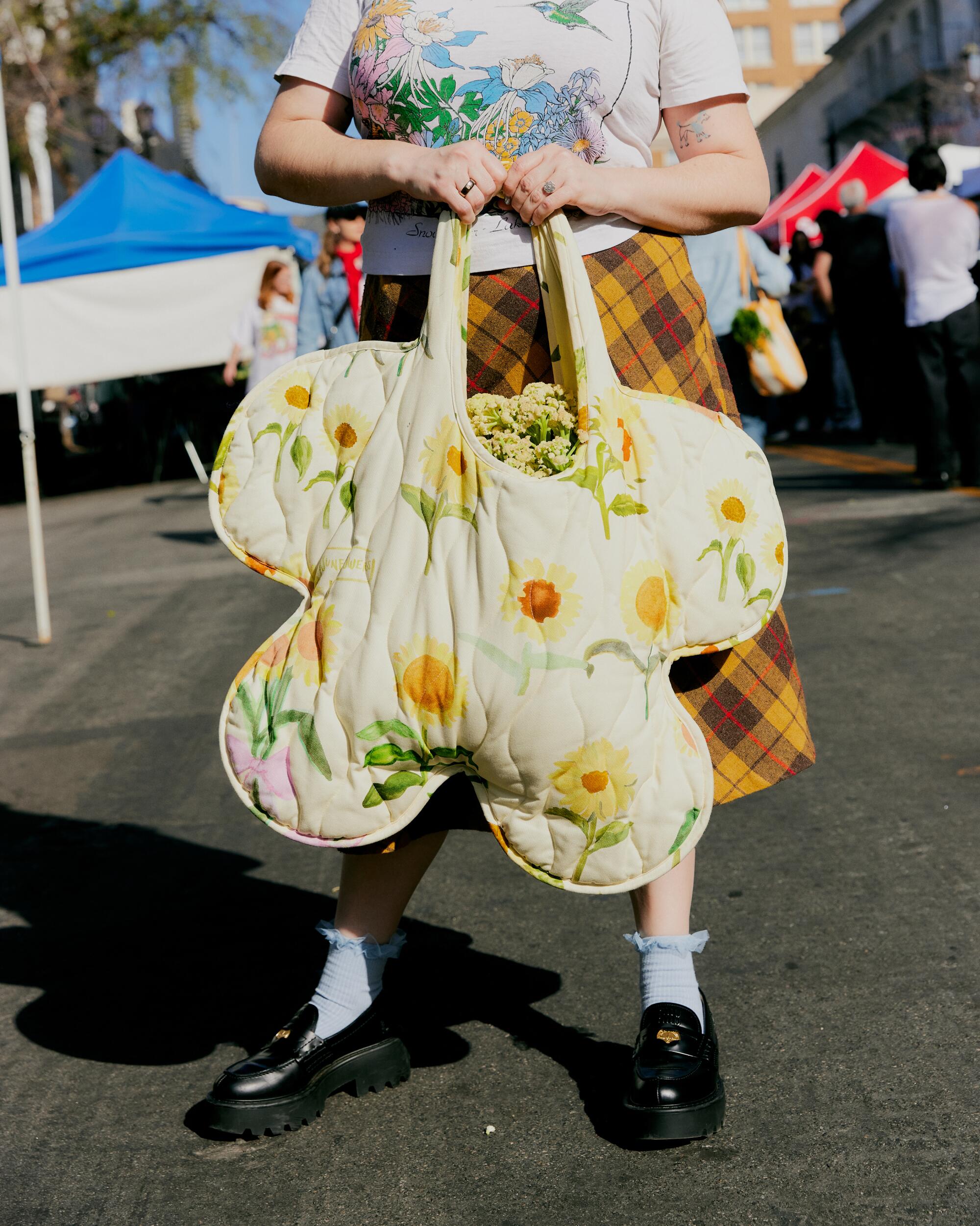 Samantha Klein with Variety Hour petal bag and Miu Miu loafers.