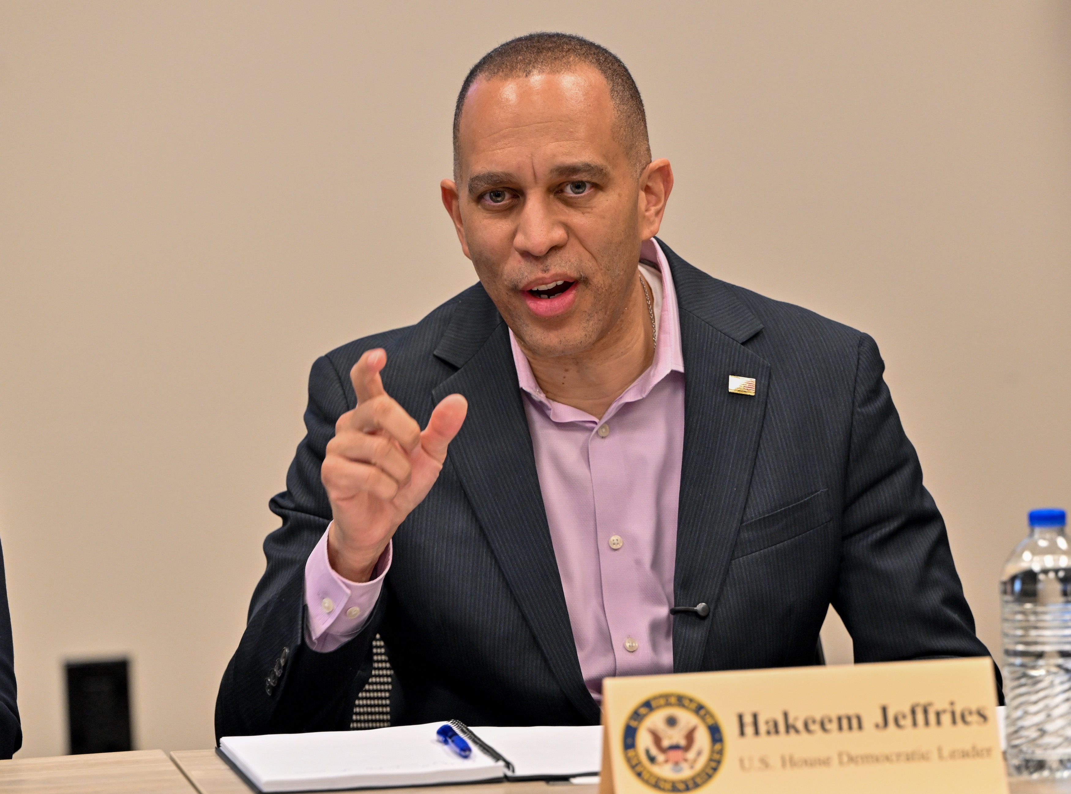 House Minority Leader Hakeem Jeffries, D-New York, during a roundtable...