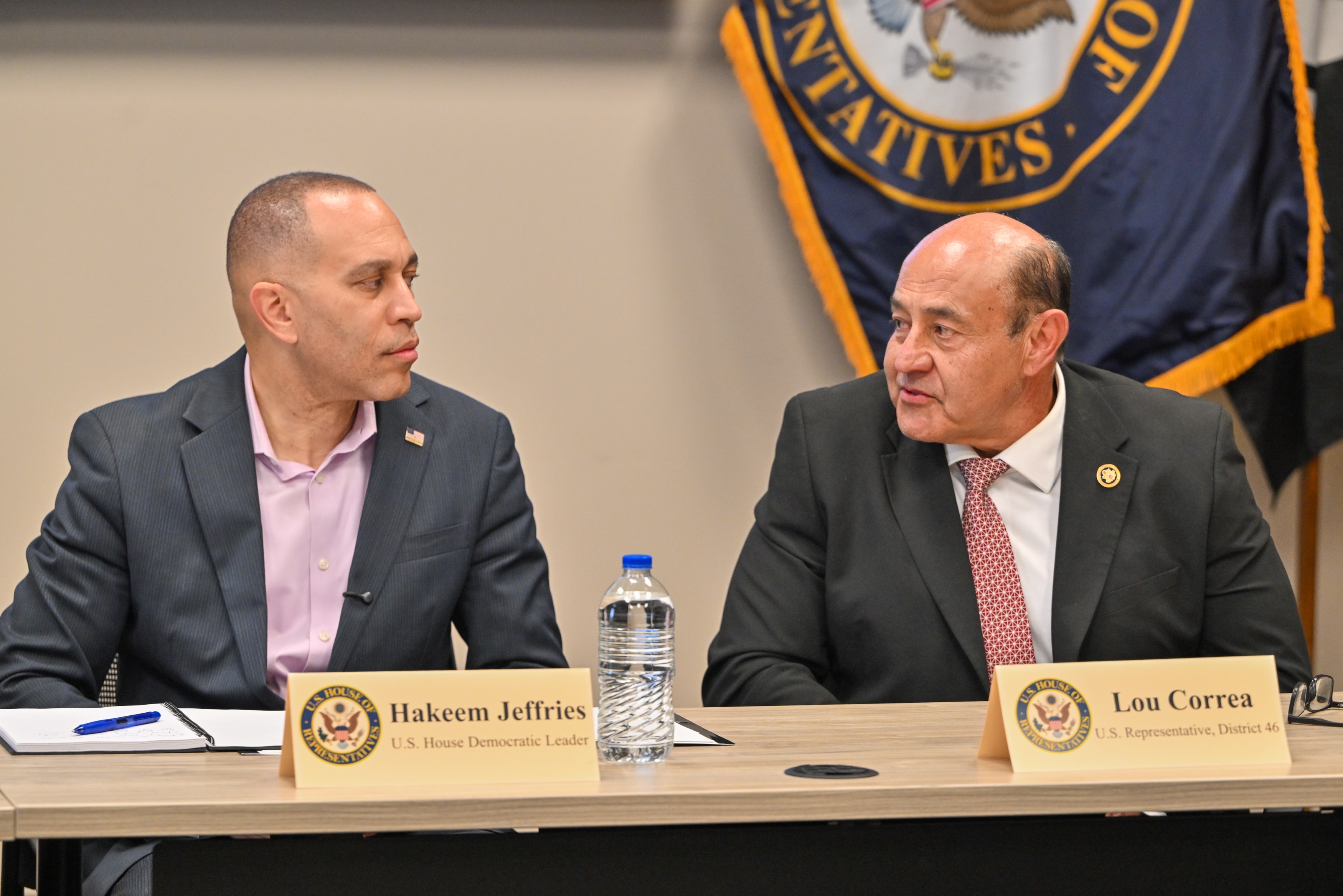 House Minority Leader Hakeem Jeffries, D-New York, left, chats with...
