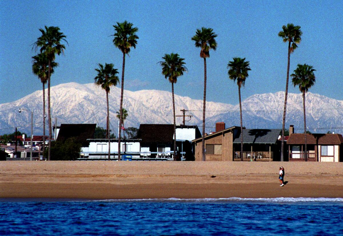  Sunshine, palm trees and snow–covered San Gabriel Mountains make for a picture postcard