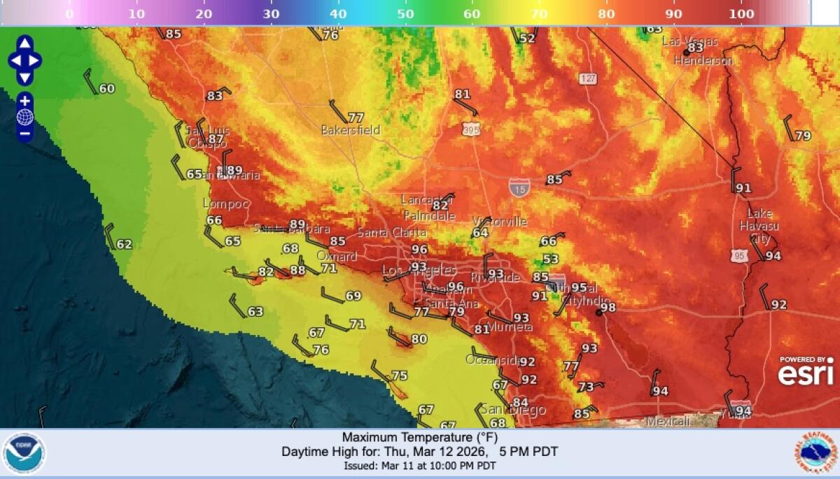 A map shows expected daytime highs on Thursday March 12.