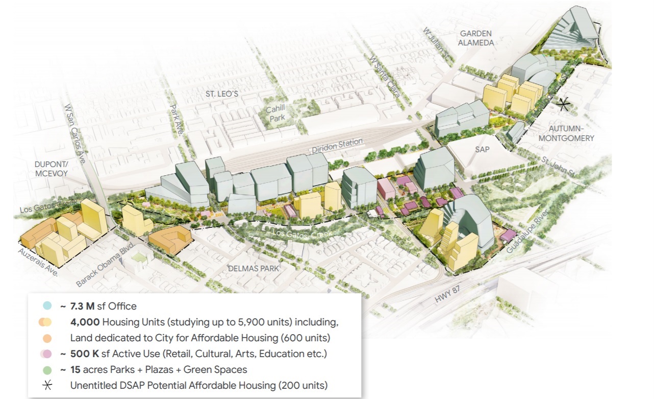 Downtown West site plan submitted in 2021, showing general locations for offices, housing, active uses, and open spaces. 