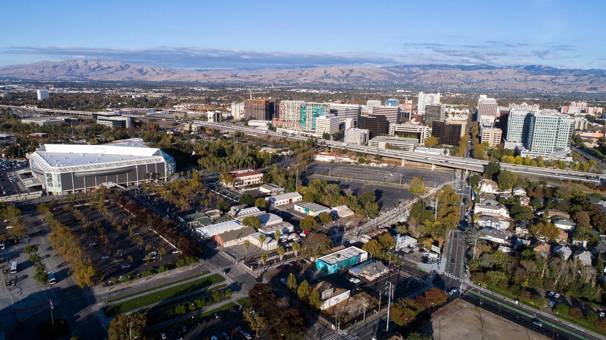 An aerial view of the area near Diridon Station on the western edge of downtown San Jose on Nov. 11, 2017, where Google later proposed its Downtown West transit-oriented village. The project would replace a mix of aging industrial, retail, dining, office and residential buildings, along with vacant parcels and parking lots. (LiPo Ching/Bay Area News Group)