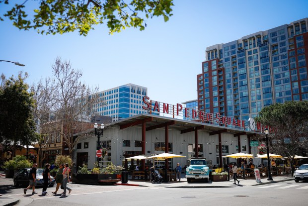 People walk through San Pedro Square Market in downtown San Jose, April 2, 2024. (Shae Hammond/Bay Area News Group)