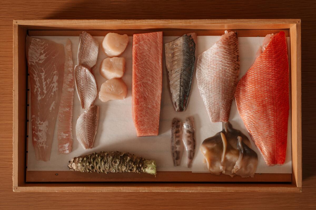 Mise en place of fresh seafood and wasabi at Osusume Fumio in L.A.