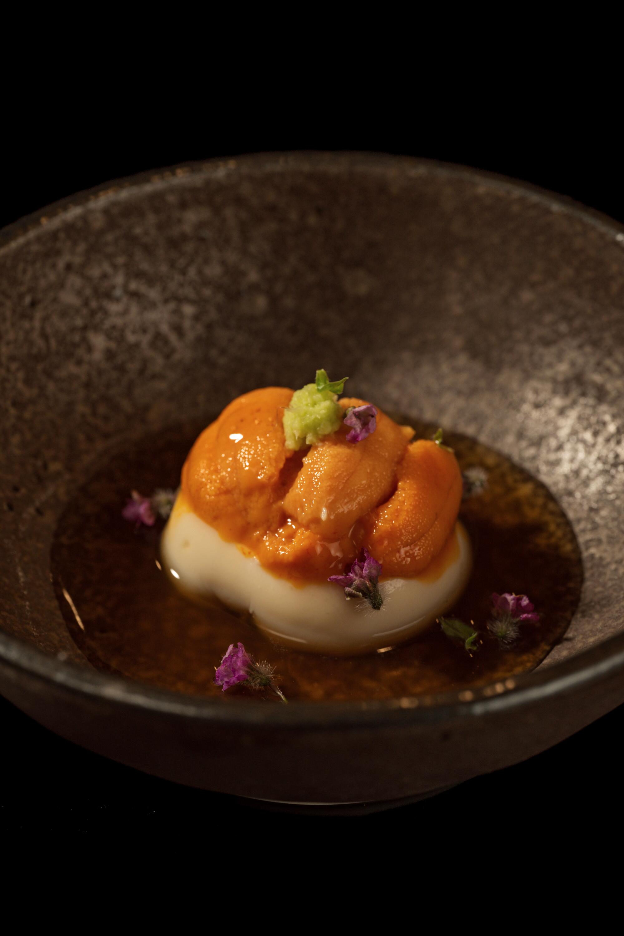 The goma tofu with uni appetizer at Osusume Fumio in L.A.