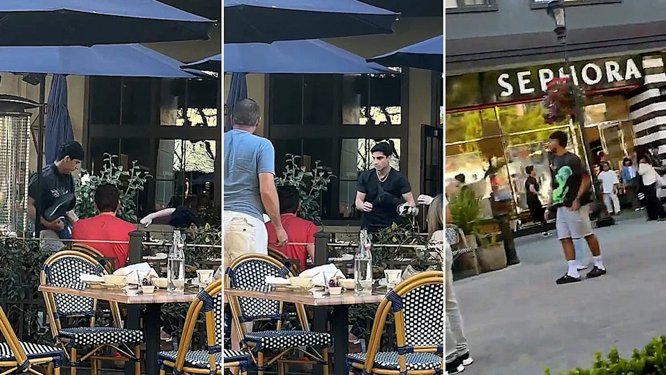split photo of a man in a black shirt fighting a man lying on the ground while another then fleeing the scene