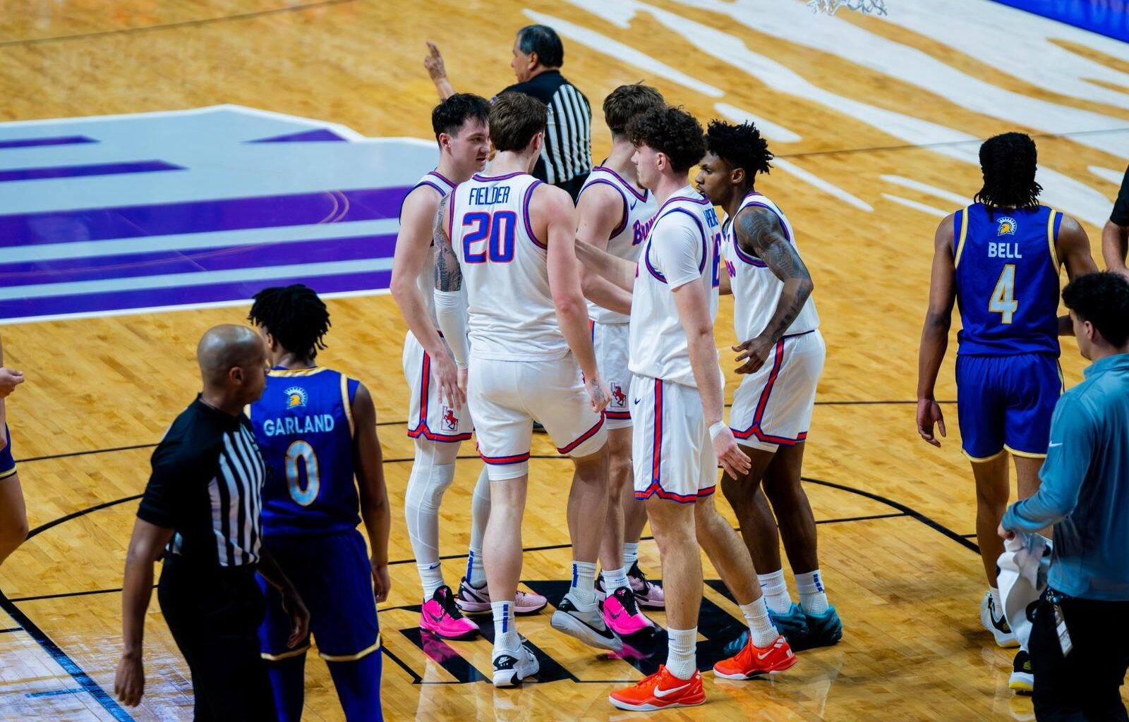 Dylan Andrews dribbles the basketball against San Jose State at ExtraMile Arena