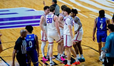 Dylan Andrews dribbles the basketball against San Jose State at ExtraMile Arena