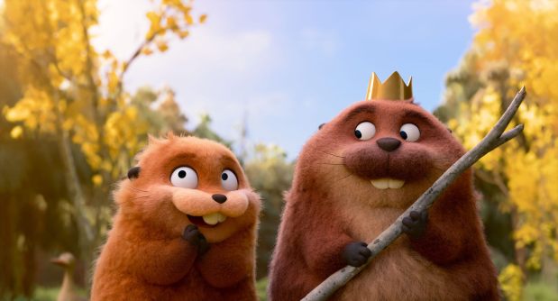 A movie still of Mabel Beaver, voiced by Piper Curda, left, and King George, voiced by Bobby Moynihan in a scene from the Pixar animated film "Hoppers." (Disney/Pixar via AP)