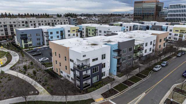 An aerial view of Township 9 housing development in Sacramento's River District in January. 