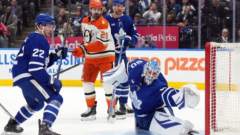 Toronto Maple Leafs goaltender Joseph Woll (60) is scored on...